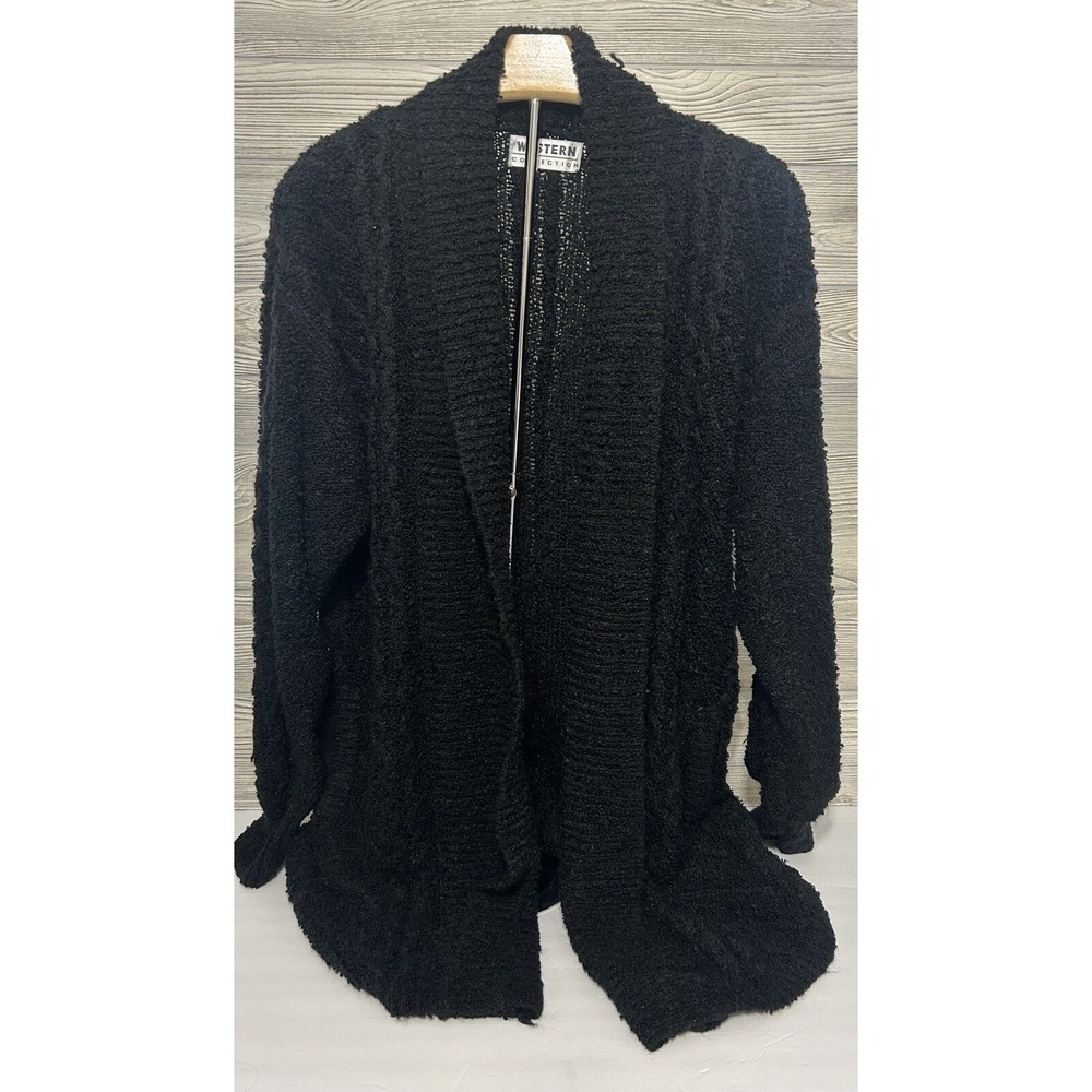 Vintage Western Connection Cardigan Women's Small‎ Black Open Pockets Knit 90s